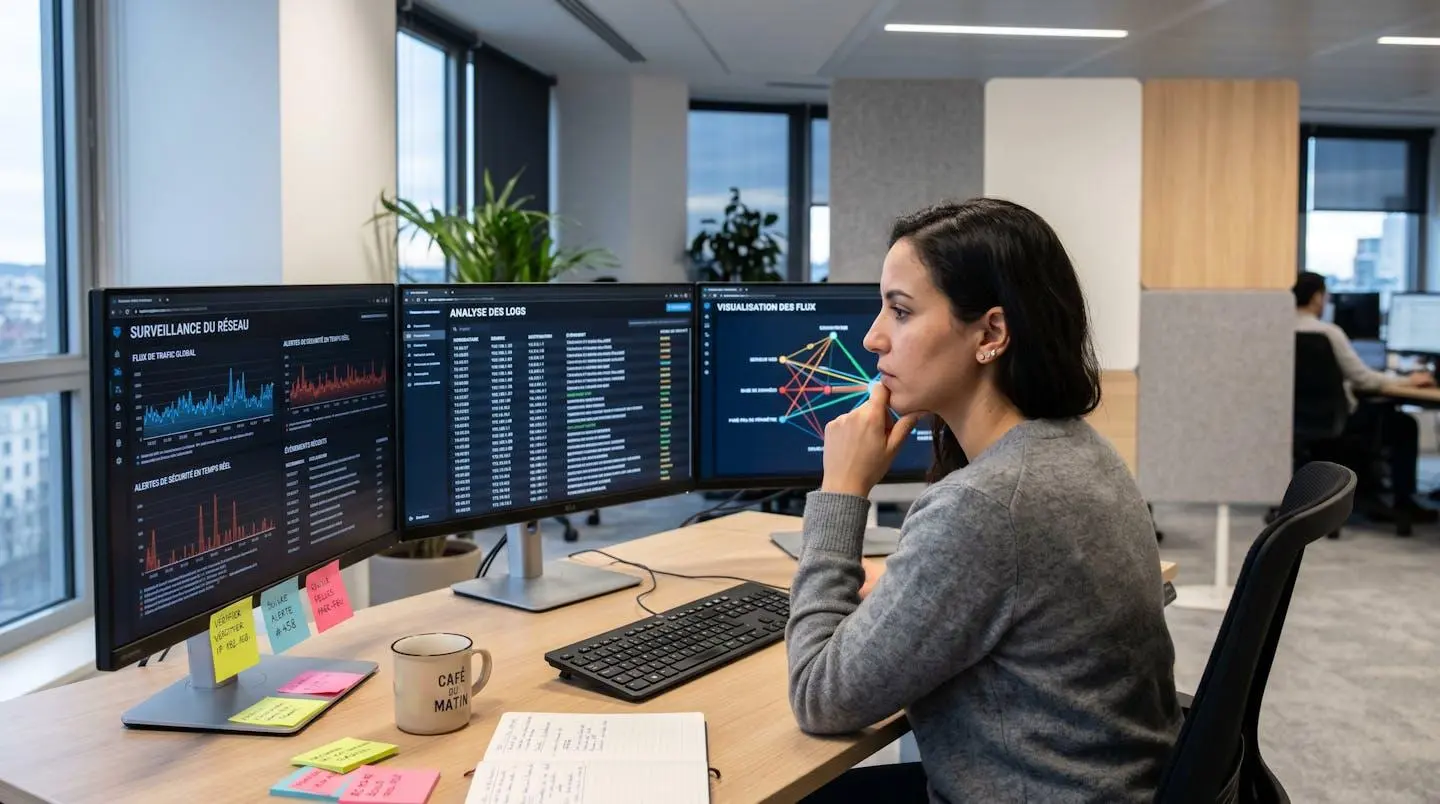 Analyste cybersécurité de profil devant trois écrans affichant tableaux de bord monitoring réseau et logs sécurité, bureau moderne avec éclairage naturel, notes manuscrites sur le bureau