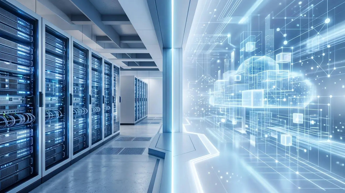 Représentation conceptuelle d'une architecture IT hybride connectant un datacenter physique et des environnements cloud