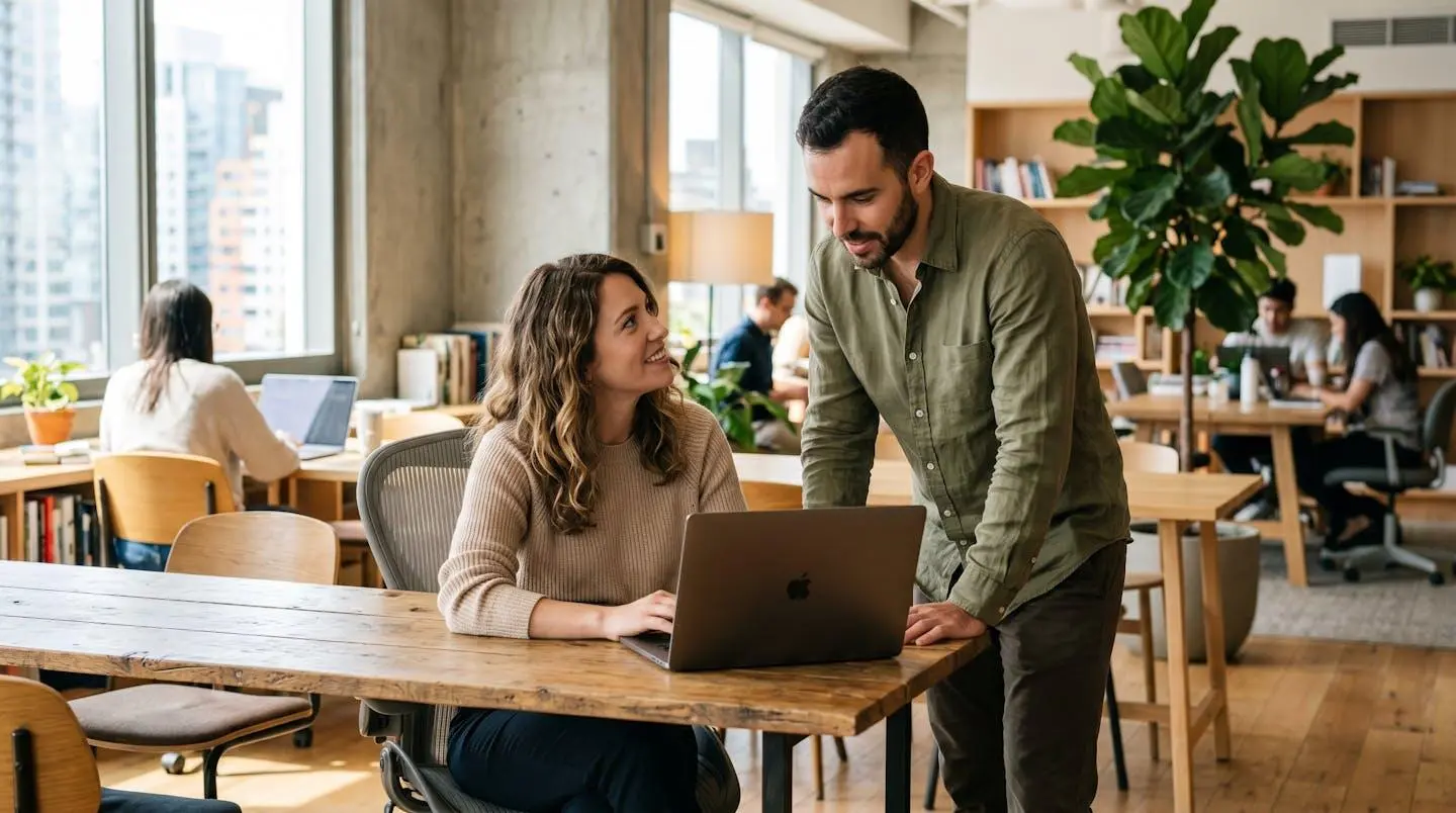 Deux professionnels échangent autour d'un écran dans un espace de travail lumineux, ambiance collaborative, posture détendue