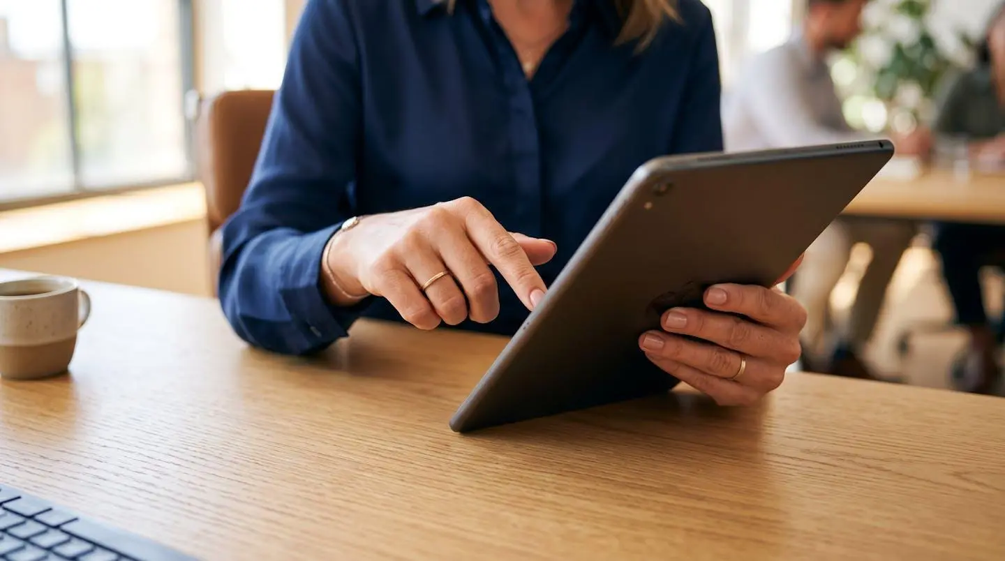 Gros plan sur les mains d'une professionnelle qui valide un envoi sur une tablette, lumière naturelle douce, environnement de bureau contemporain