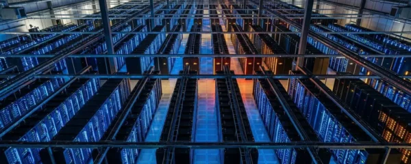 Vue symbolique d'une infrastructure datacenter sécurisée, lumières bleues et rouges représentant les flux de données et les menaces cyber