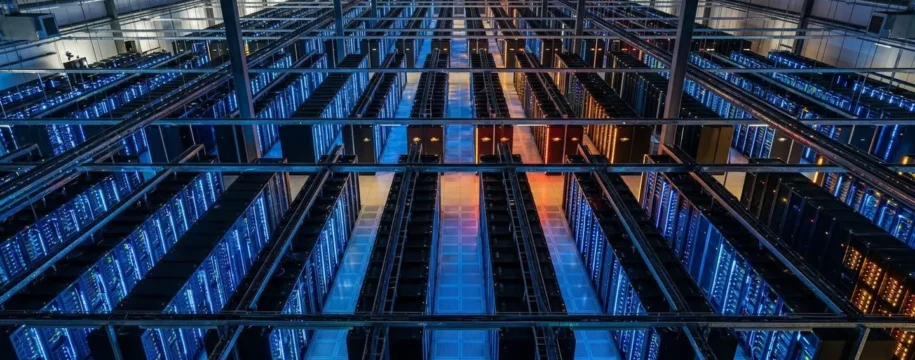 Vue symbolique d'une infrastructure datacenter sécurisée, lumières bleues et rouges représentant les flux de données et les menaces cyber