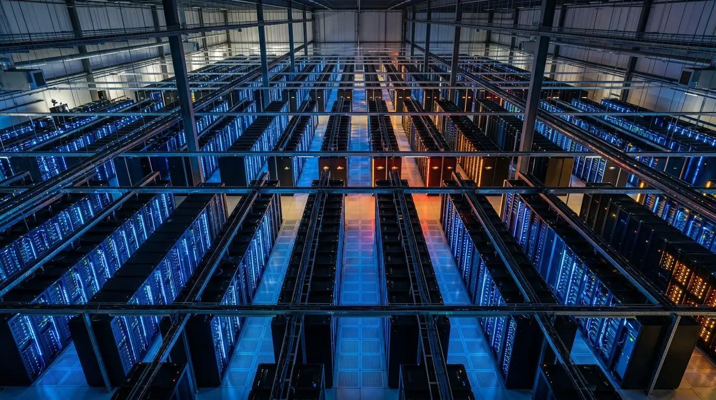 Vue symbolique d'une infrastructure datacenter sécurisée, lumières bleues et rouges représentant les flux de données et les menaces cyber