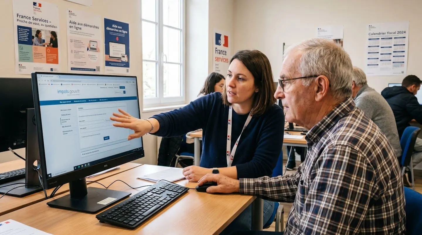 Médiateur numérique trentenaire expliquant interface service public à personne senior devant ordinateur dans espace France Services, écran affichant site gouvernemental français, lumière naturelle douce par fenêtre