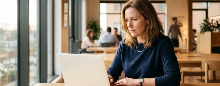 Un responsable administratif en entreprise consulte une interface numérique pour envoyer une lettre recommandée électronique, bureau moderne épuré